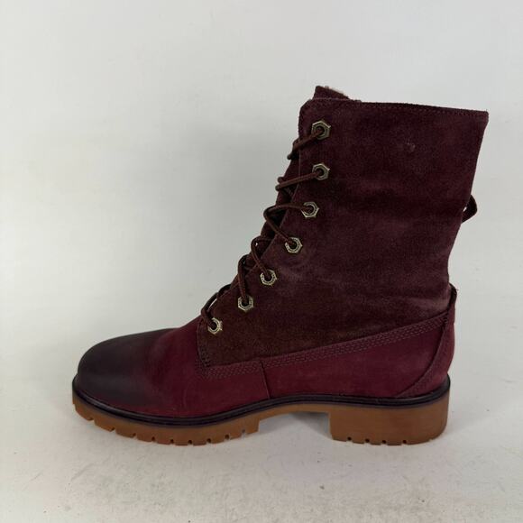 Timberland Jayne Fleece Boots 7.5 Burgundy Leather Round Toe Lace-up Mid-Calf - Picture 6 of 9